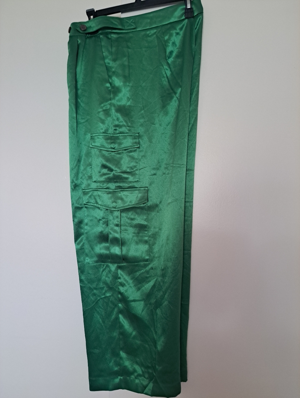 Satin Emerald Green Wide-Leg Cargo Jumpsuit Pants.